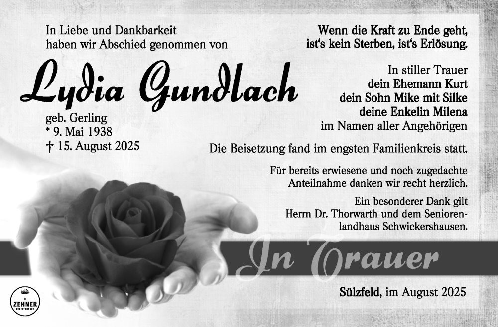  Traueranzeige für Lydia Gundlach vom 30.08.2025 aus Südthüringer Presse