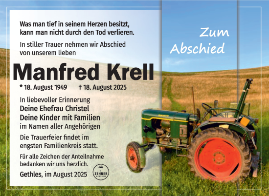 Traueranzeige von Manfred Krell von Südthüringer Presse