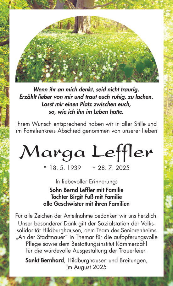 Traueranzeige von Marga Leffler von Südthüringer Presse