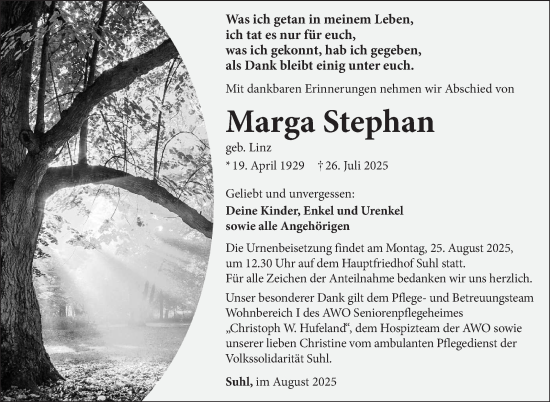 Traueranzeige von Marga Stephan von Südthüringer Presse