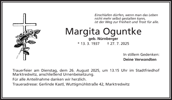 Traueranzeige von Margita Oguntke von Frankenpost