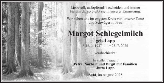 Traueranzeige von Margot Schlegelmilch von Südthüringer Presse
