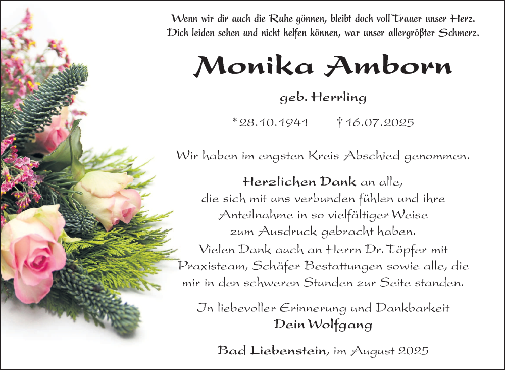  Traueranzeige für Monika Amborn vom 13.08.2025 aus Südthüringer Presse
