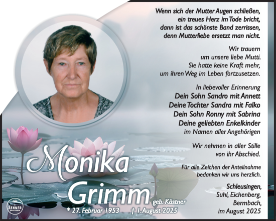 Traueranzeige von Monika Grimm von Südthüringer Presse