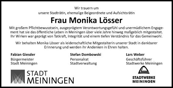 Traueranzeige von Monika Lösser von Südthüringer Presse