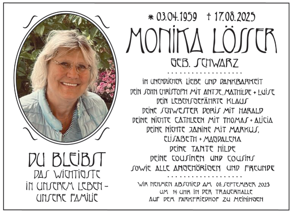  Traueranzeige für Monika Lösser vom 30.08.2025 aus Südthüringer Presse
