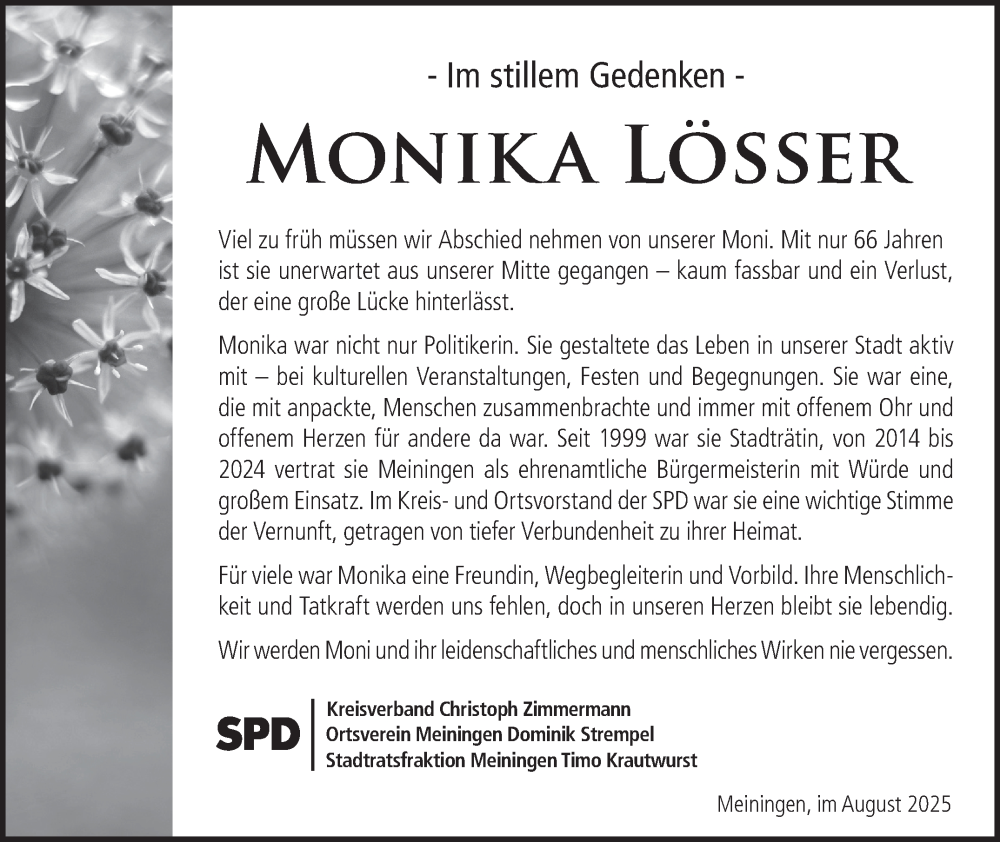  Traueranzeige für Monika Lösser vom 30.08.2025 aus Südthüringer Presse