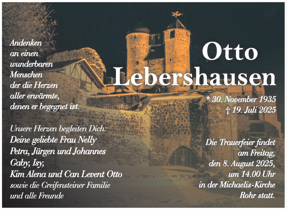  Traueranzeige für Otto Lebershausen vom 02.08.2025 aus Südthüringer Presse