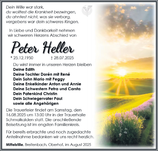 Traueranzeige von Peter Heller von Südthüringer Presse
