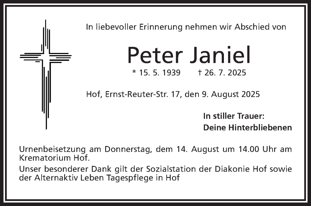  Traueranzeige für Peter Janiel vom 09.08.2025 aus Frankenpost