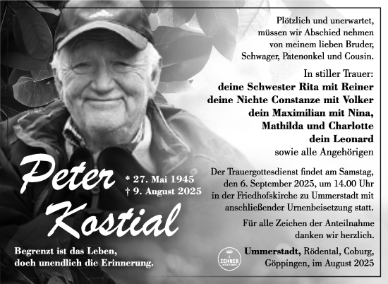 Traueranzeige von Peter Kostial von Südthüringer Presse