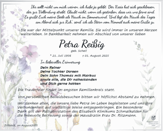 Traueranzeige von Petra Reißig von Südthüringer Presse