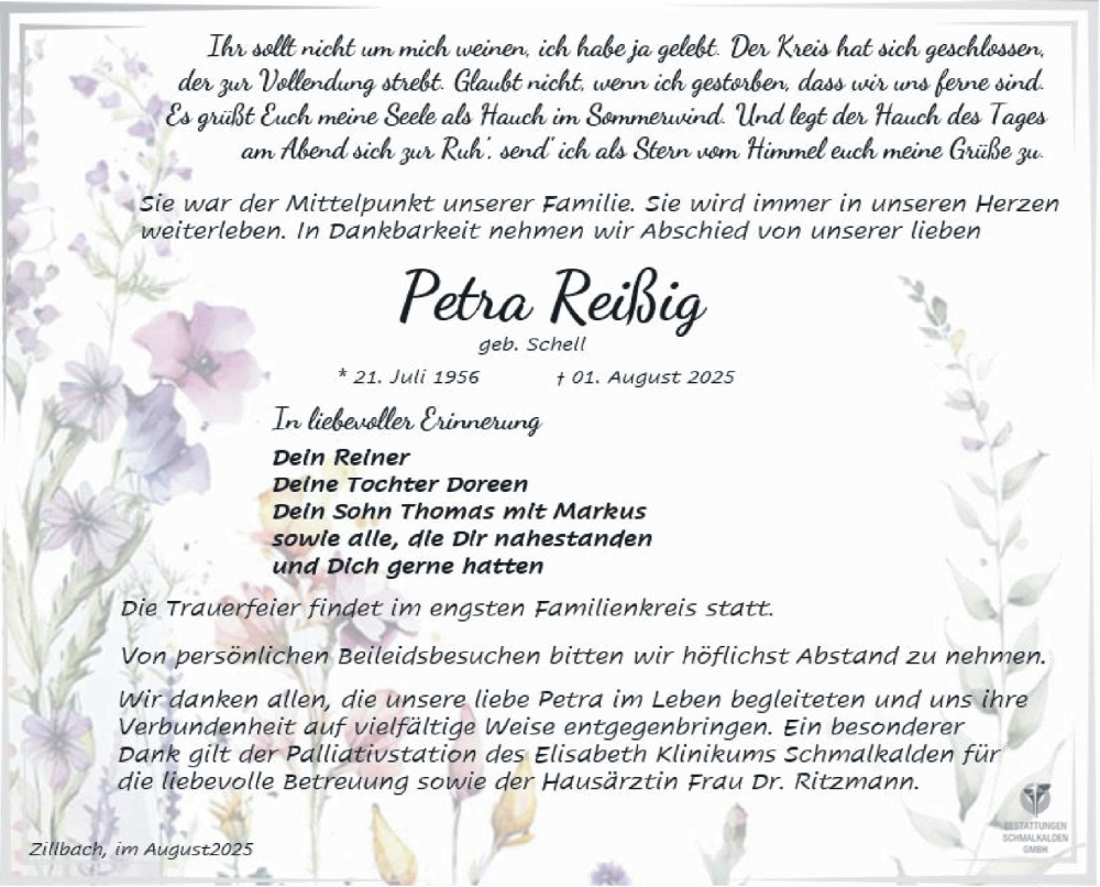  Traueranzeige für Petra Reißig vom 08.08.2025 aus Südthüringer Presse