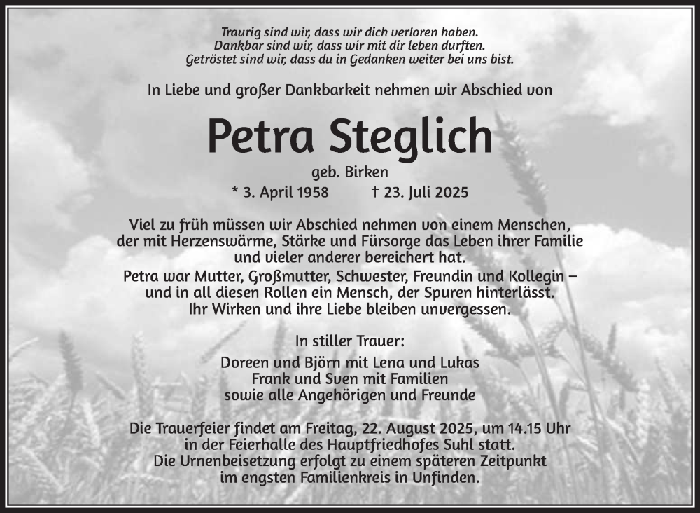  Traueranzeige für Petra Steglich vom 09.08.2025 aus Südthüringer Presse