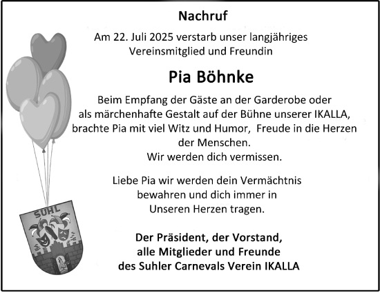 Traueranzeige von Pia Böhnke von Südthüringer Presse