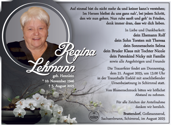 Traueranzeige von Regina Lehmann von Südthüringer Presse