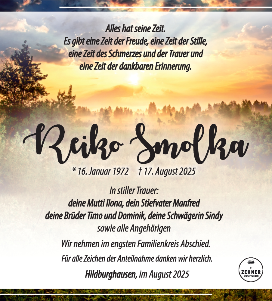  Traueranzeige für Reiko Smolka vom 30.08.2025 aus Südthüringer Presse