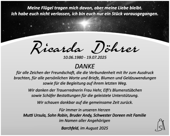 Traueranzeige von Ricarda Döhrer von Südthüringer Presse