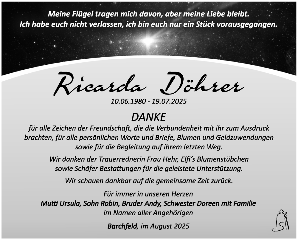  Traueranzeige für Ricarda Döhrer vom 23.08.2025 aus Südthüringer Presse