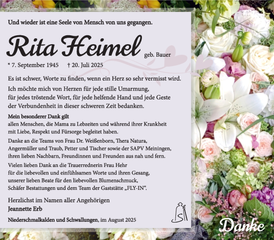 Traueranzeige von Rita Heimel von Südthüringer Presse
