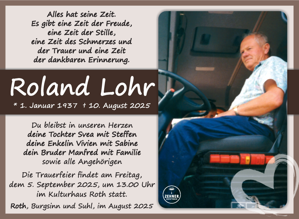  Traueranzeige für Roland Lohr vom 23.08.2025 aus Südthüringer Presse