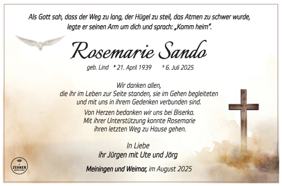 Traueranzeige von Rosemarie Sando von Südthüringer Presse