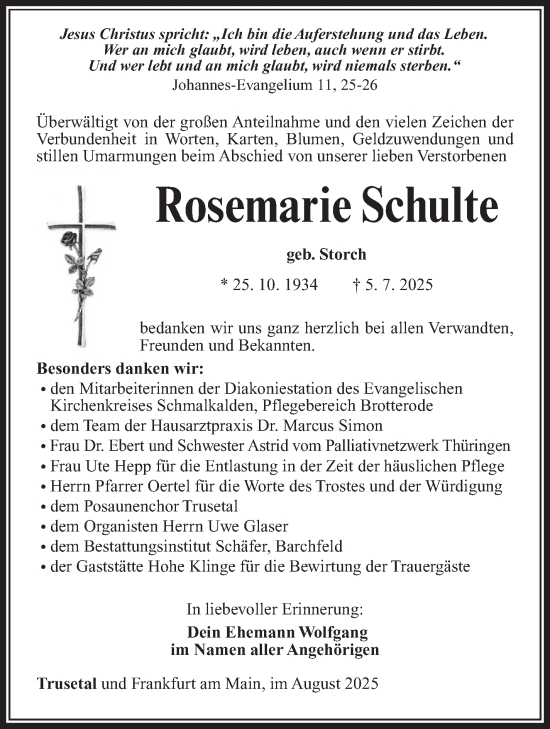 Traueranzeige von Rosemarie Schulte von Südthüringer Presse