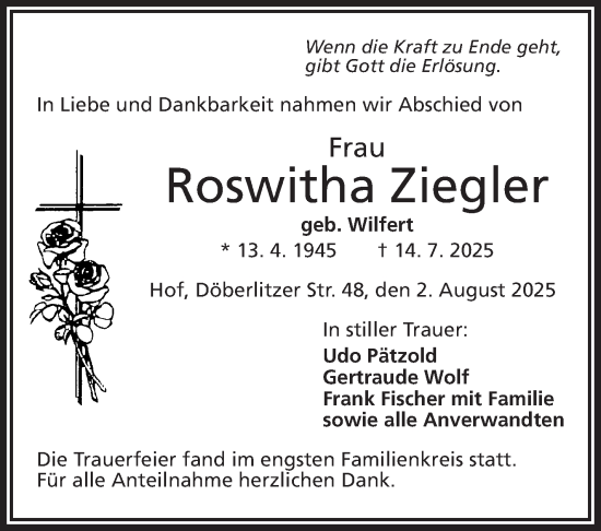 Traueranzeige von Roswitha Ziegler von Frankenpost