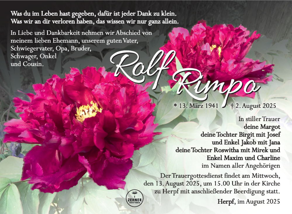  Traueranzeige für Rolf Rimpo vom 09.08.2025 aus Südthüringer Presse