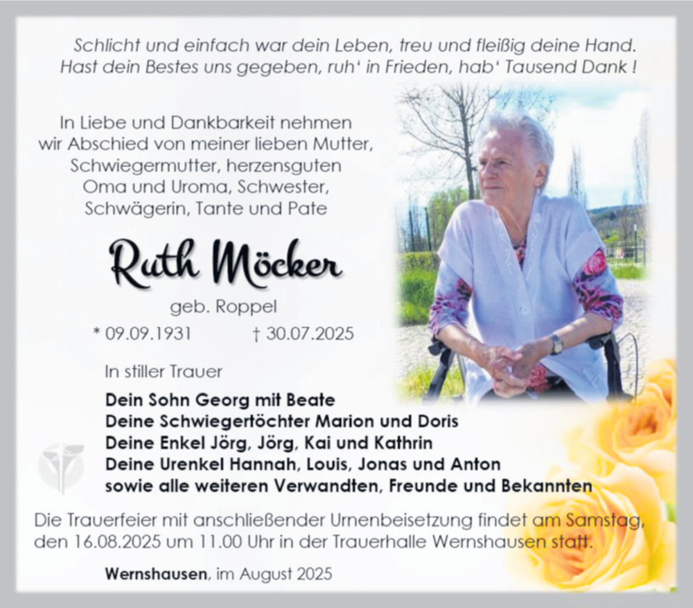  Traueranzeige für Ruth Möcker vom 09.08.2025 aus Südthüringer Presse