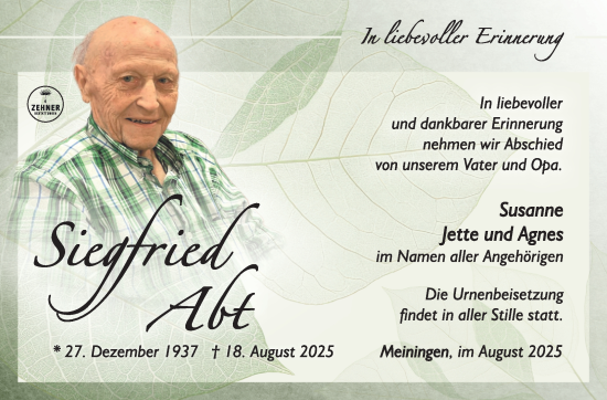Traueranzeige von Siegfried Abt von Südthüringer Presse