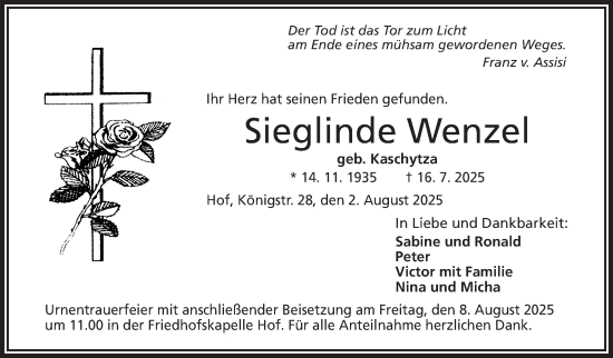 Traueranzeige von Sieglinde Wenzel von Frankenpost