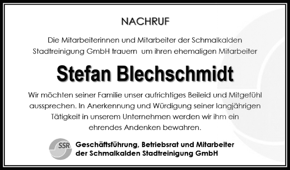  Traueranzeige für Stefan Blechschmidt vom 06.08.2025 aus Südthüringer Presse