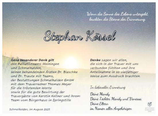 Traueranzeige von Stephan Kössel von Südthüringer Presse