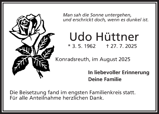 Traueranzeige von UdoUdo Hüttner von Frankenpost