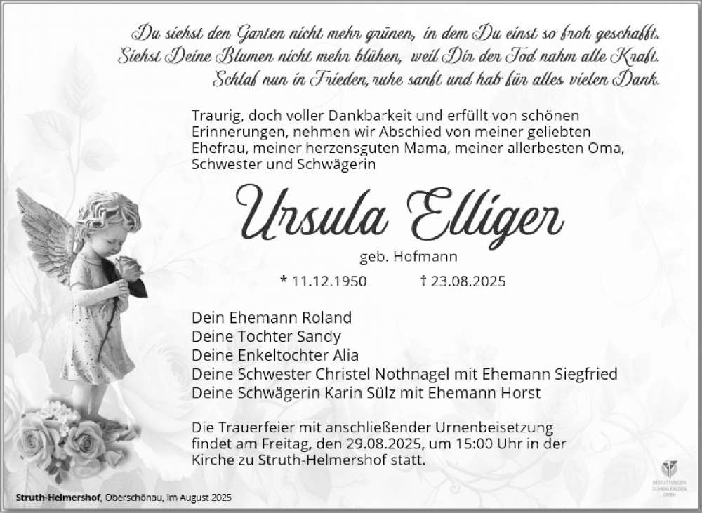  Traueranzeige für Ursula Elliger vom 27.08.2025 aus Südthüringer Presse