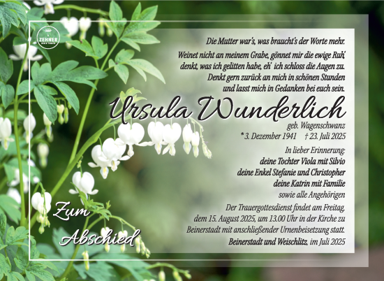 Traueranzeige von Ursula Wunderlich von Südthüringer Presse