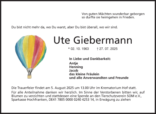 Traueranzeige von Ute Giebermann von Frankenpost