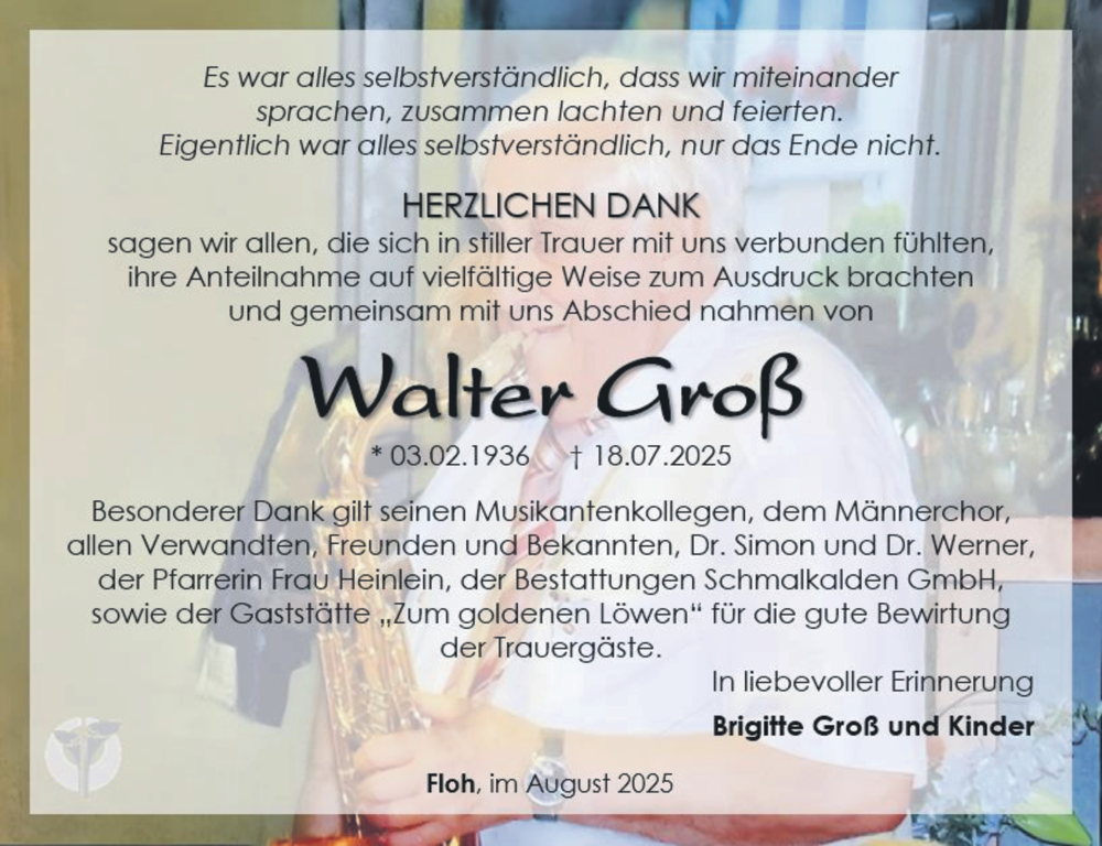  Traueranzeige für Walter Groß vom 16.08.2025 aus Südthüringer Presse