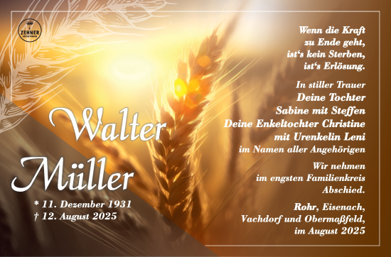 Traueranzeige von Walter Müller von Südthüringer Presse