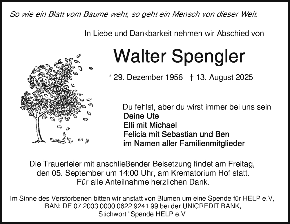  Traueranzeige für Walter Spengler vom 30.08.2025 aus Frankenpost