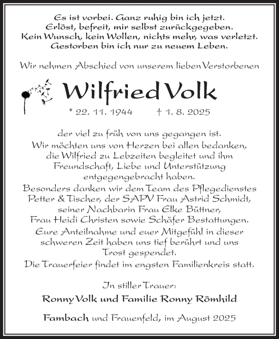 Traueranzeige von Wilfried Volk von Südthüringer Presse