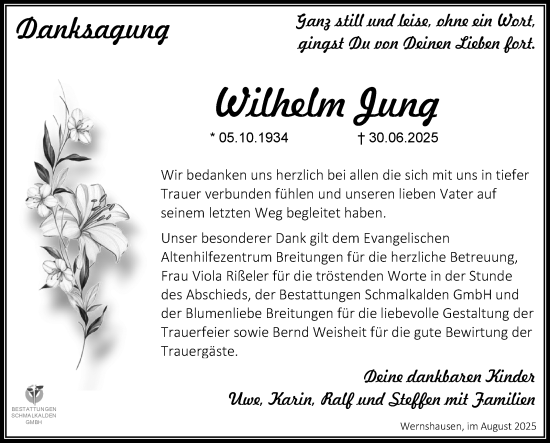 Traueranzeige von Wilhelm Jung von Südthüringer Presse