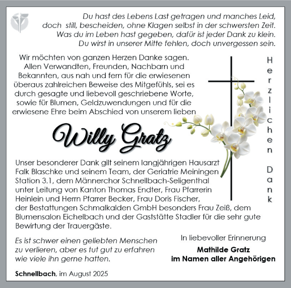  Traueranzeige für Willy Gratz vom 16.08.2025 aus Südthüringer Presse