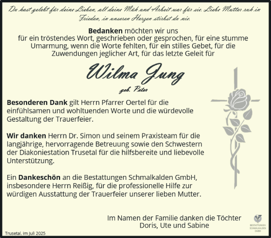 Traueranzeige von Wilma Jung von Südthüringer Presse