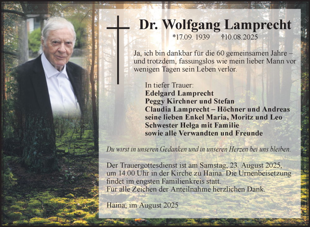  Traueranzeige für Wolfgang Lamprecht vom 16.08.2025 aus Südthüringer Presse