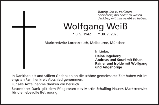 Traueranzeige von Wolfgang Weiß von Frankenpost