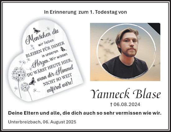 Traueranzeige von Yanneck Blase von Südthüringer Presse