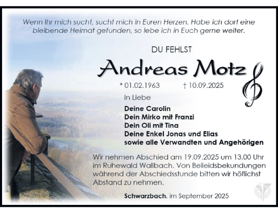 Traueranzeige von Andreas Motz von Südthüringer Presse