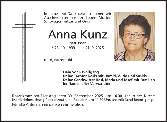 Traueranzeige von Anna Kunz von Frankenpost
